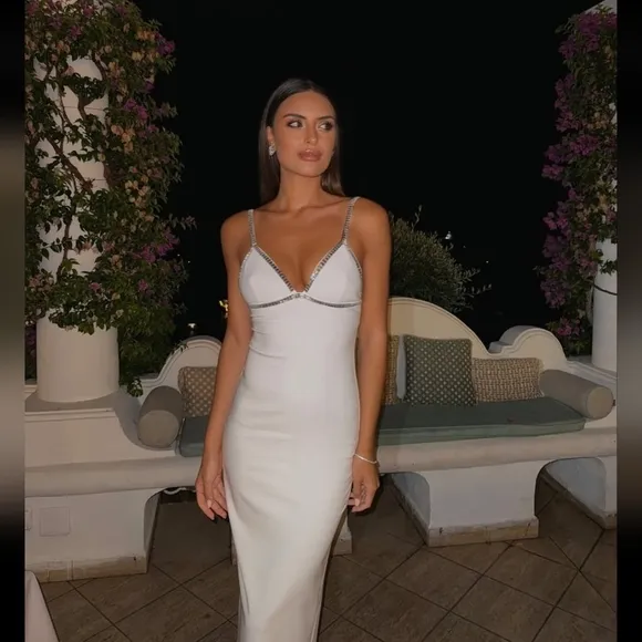 ZARA White Midi  Rhinestone Dress Size S