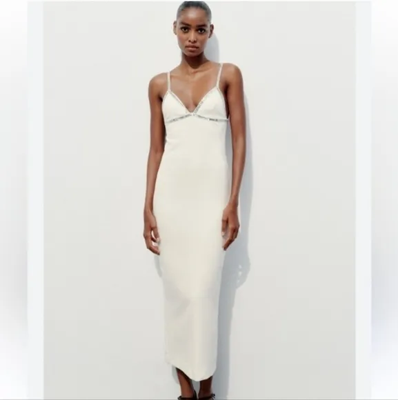 ZARA White Midi  Rhinestone Dress Size S