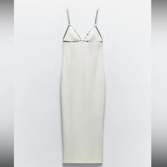 ZARA White Midi  Rhinestone Dress Size S