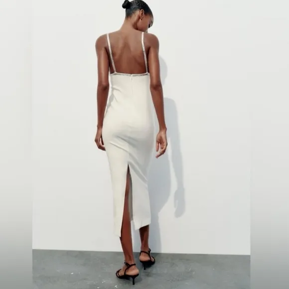 ZARA White Midi  Rhinestone Dress Size S