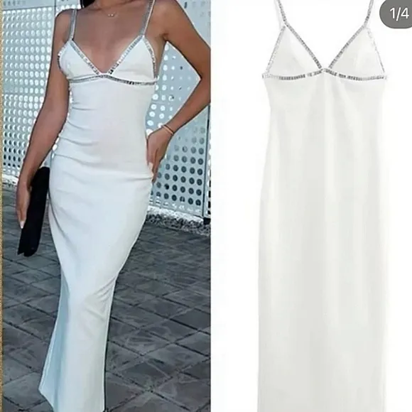 ZARA White Midi  Rhinestone Dress Size S