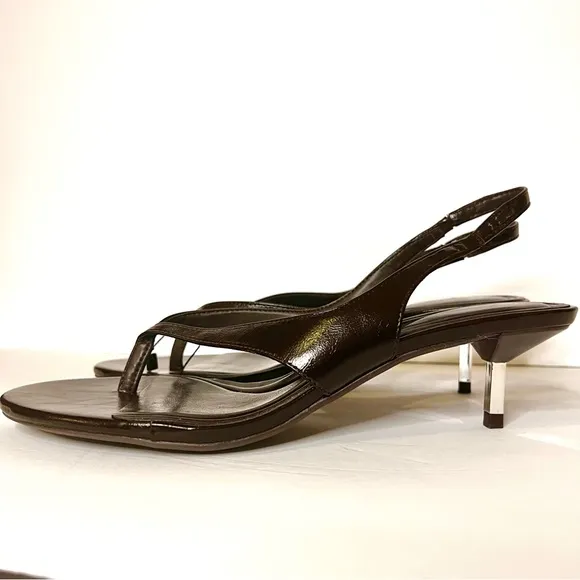 ZARA Women's 10- Strappy Thong Sandals with Metallic Heel- Dark Brown NWT