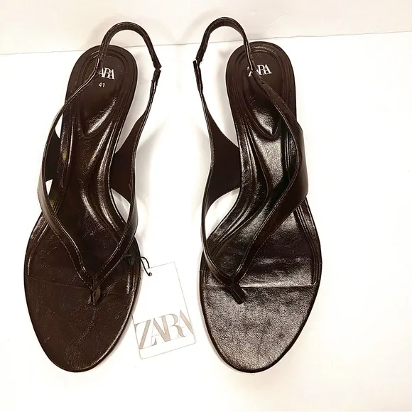 ZARA Women's 10- Strappy Thong Sandals with Metallic Heel- Dark Brown NWT