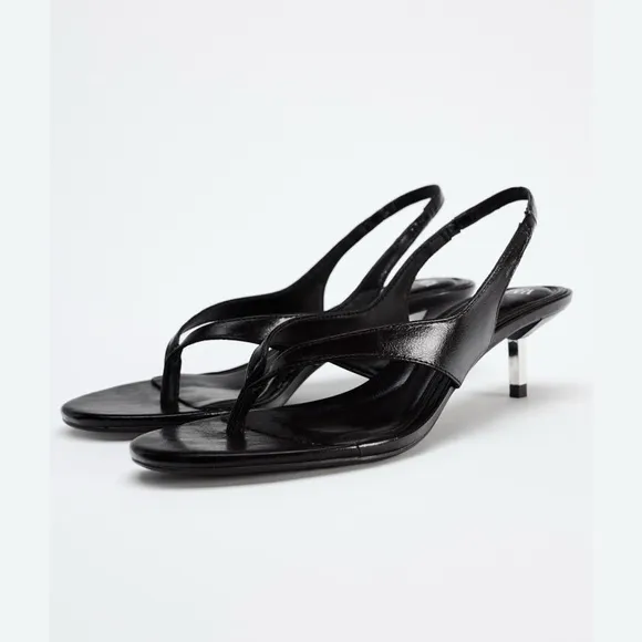 ZARA Women's 10- Strappy Thong Sandals with Metallic Heel- Dark Brown NWT